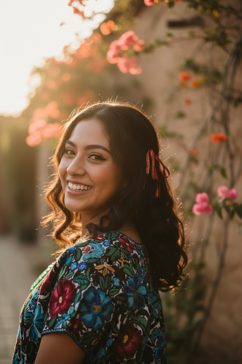 Mexican woman smiling over her shoulder